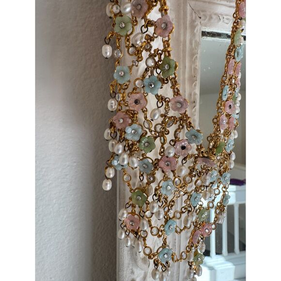 Jose and Maria Barrera Pearl Flower Pink Blue Gold Pastel Necklace Hard to Find - Picture 4 of 5